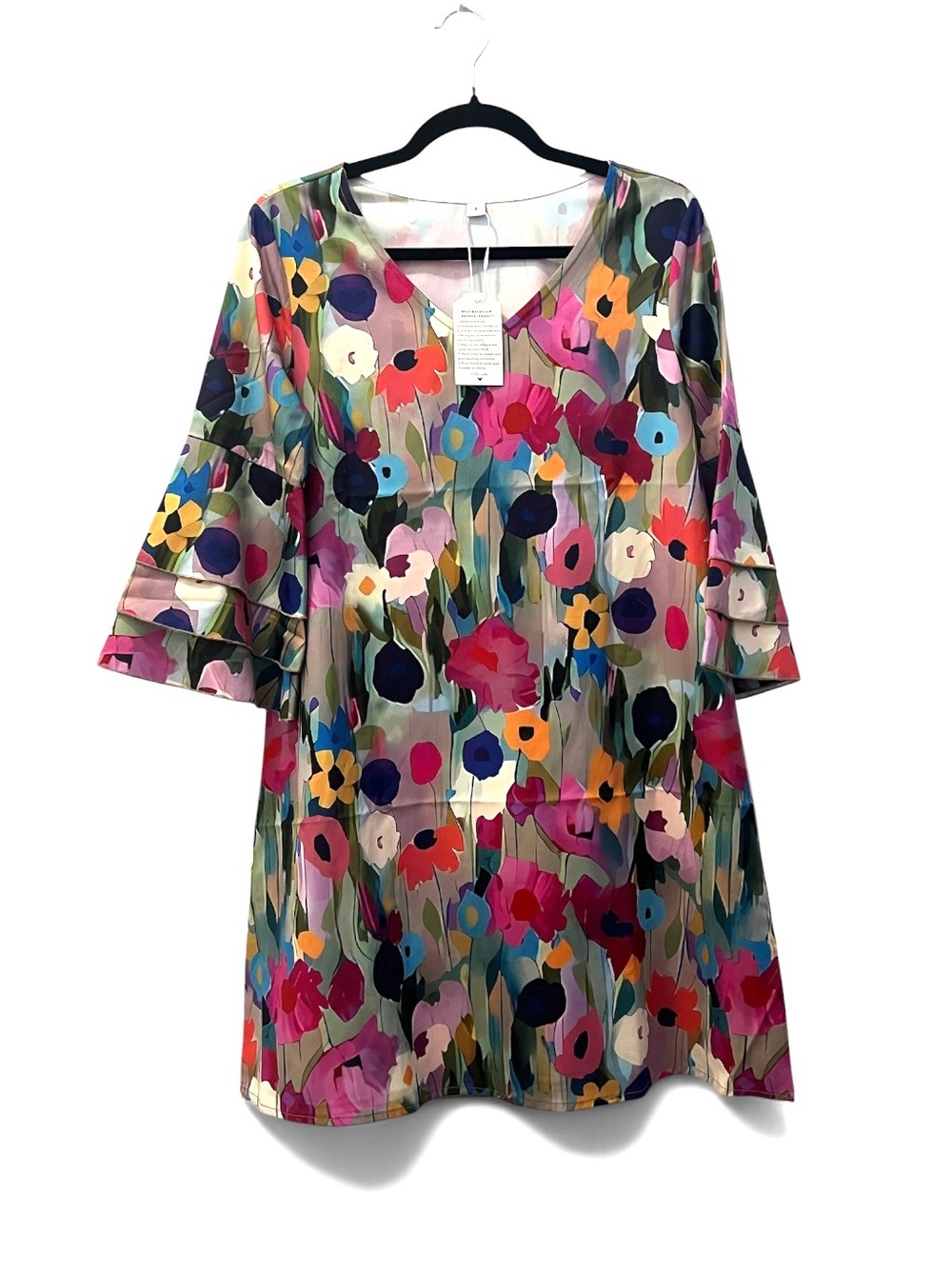 NWT Bold Watercolor Modern Floral Bell Sleeve V-Neck Shift Dress, S - Picture 1 of 5